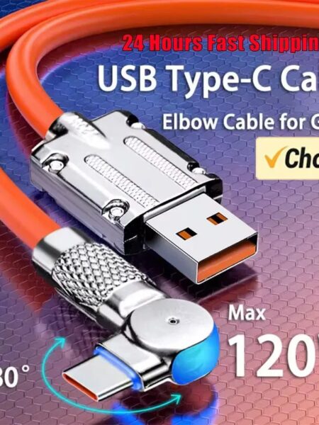 120W 7A Fast Charge USB Type C Cable 180 Degree Rotation Elbow Cable for Game for Xiaomi Redmi Honor Phone Charger USB C Cable