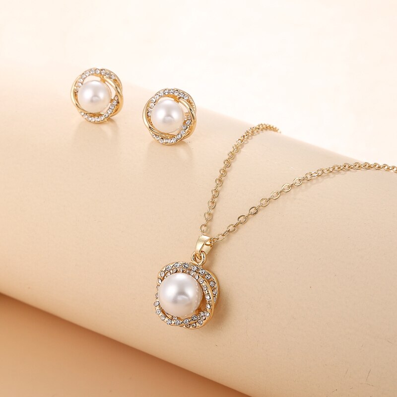 South Sea Shell Pearl Gold-Color Jewelry Sets for Women Cubic Zirconia Necklace Earrings With Party Birthday Wedding Gift