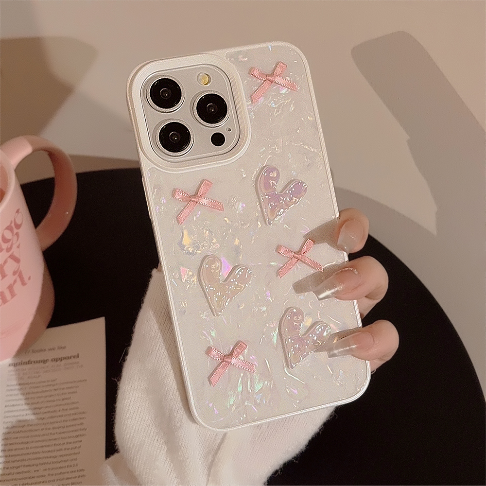 Stylish and Cute 3D Love Soft Silicone Phone Case for iPhone 14 15 Plus 11 12 13 Pro Max Bow Shell Pattern Case