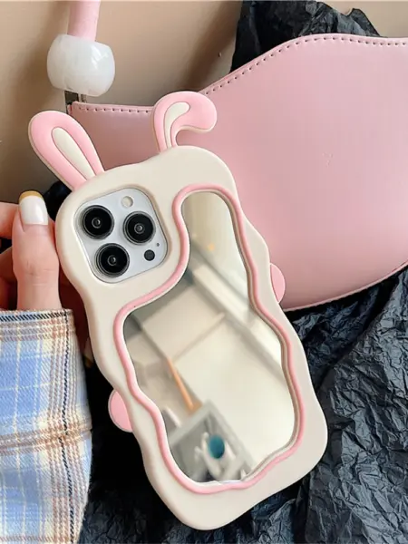 Cute Bunny Ears Mirror Phone Case For iPhone 15 14 Plus 13 12 11 Pro Max Shockproof Silicone Case