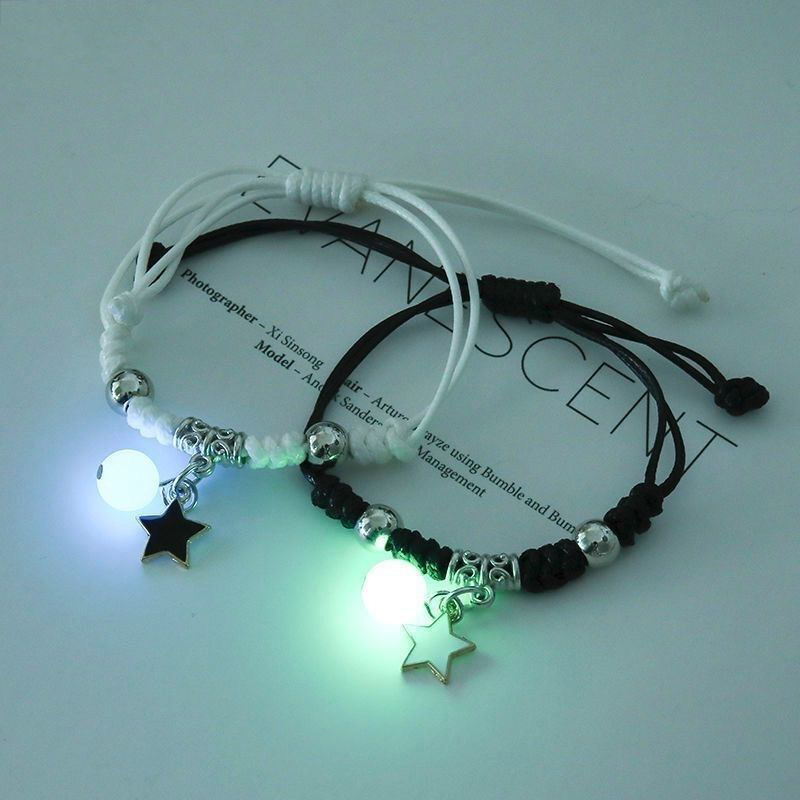 2Pcs Luminous Star Cat Moon Couple Bracelet Kitten Flower Handmade Adjustable Rope Matching Bracelets Lover Friendship Jewelry