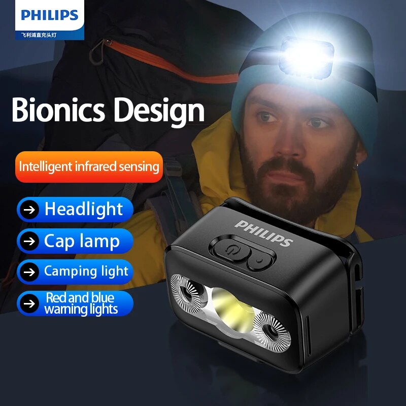 PHILIPS LED Headlamp Sensor Head Flashlight Ten Types of Lighting Type-C Rechargeable Headlight Outdoor Camping Fishing Lantern