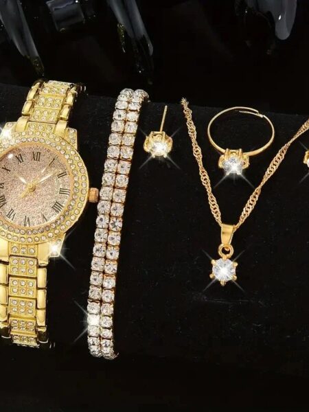 7pcs Ladies Fashion Casual Star Number Full Diamond British Watch White Crystal Love Earrings Necklace Ring Bracelet Gift Set