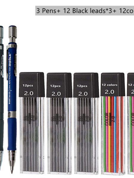 Mechanical Pencil Set 2.0 mm with 2B Black/Colors Lead Refill For Writing Sketching Art Drawing Painting School Automatic Pencil