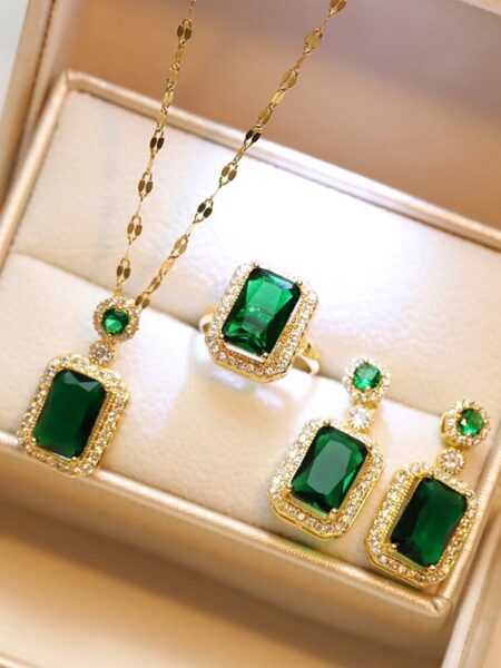 4PCS Sets Exquisite Quadrate Rhinestone Necklace Earrings Ring Jewelry Set Charm Ladies Jewelry Fashion Bridal Gifts