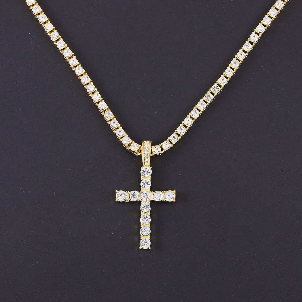 Men Women Hip Hop Cross Pendant Necklace With 4mm Zircon Tennis Chain Iced Out Exquisite Bling Jewelry Fashion Trendy Creative