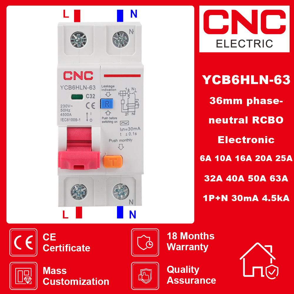 CNC 230V 50/60 HZ RCBO MCB 30mA Residual Current Circuit Breaker With Over Current And Leakage Protection 6/10/16/20/25/32/40 A