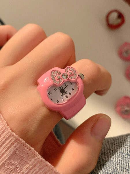 Kawaii Sanrio Hello Kitty Watch Ring Cute Kt Cat Bow Rhinestone Clock Ring Watches Girls jewelry Kids Toys Gifts