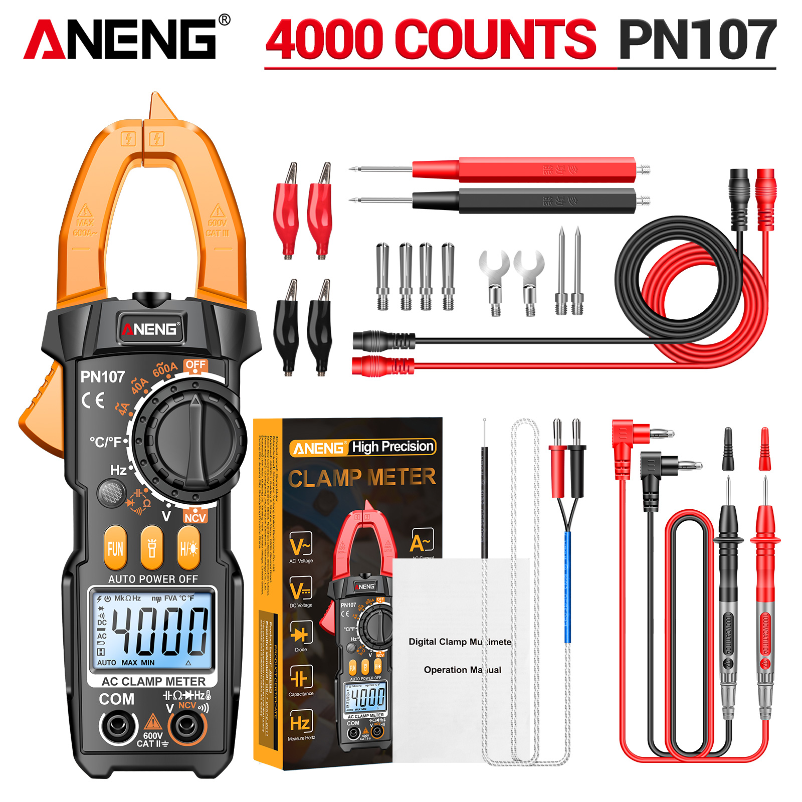 ANENG PN107 Digital Clamp Meter AC/DC Voltage Temperature Test Multitester True RMS 4000 Count Electrical Multimeter Tester Tool