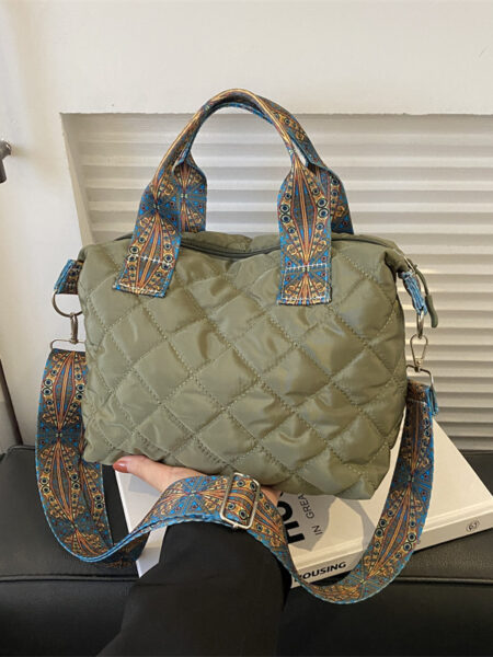 Women Wide Shoulder Belt Handbag Fall/Winter Rhombus Space Cotton Shoulder Bag Large Capacity All-Match Shopping Tote Bag