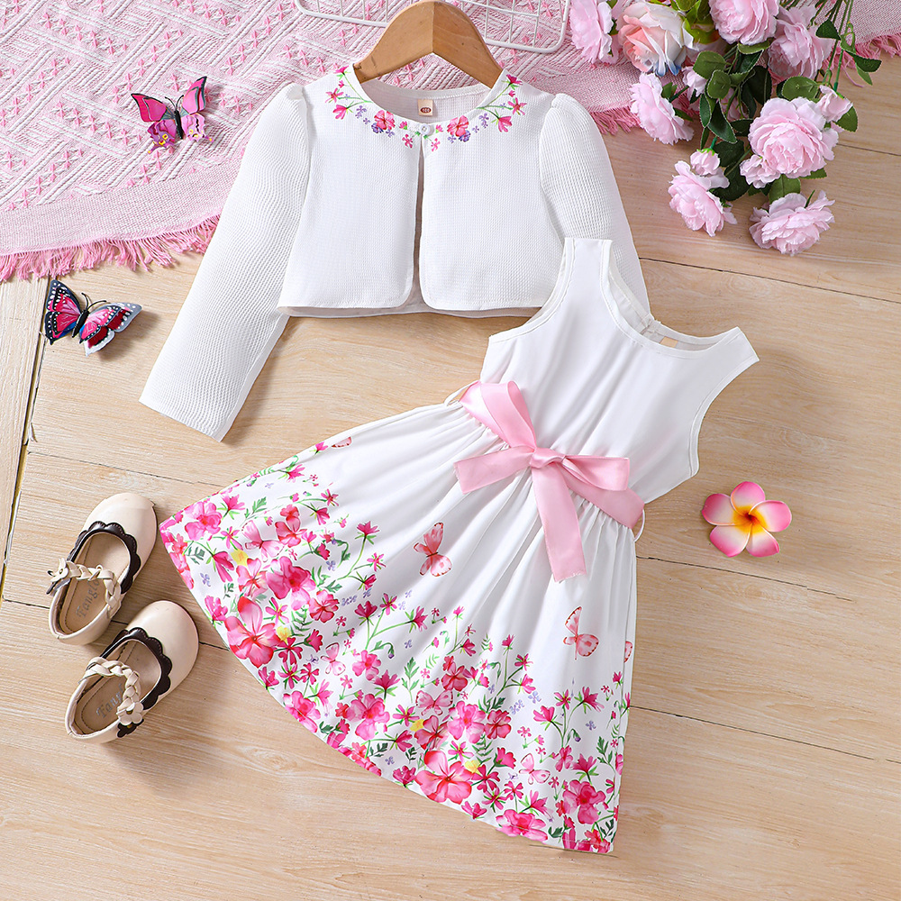 Kids Casual Clothing Sets Outfits for Girls Spring Summer 2024 New Toddler Floral Print Long Sleeve Coat Tank Dress Children