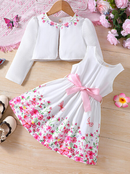 Kids Casual Clothing Sets Outfits for Girls Spring Summer 2024 New Toddler Floral Print Long Sleeve Coat Tank Dress Children