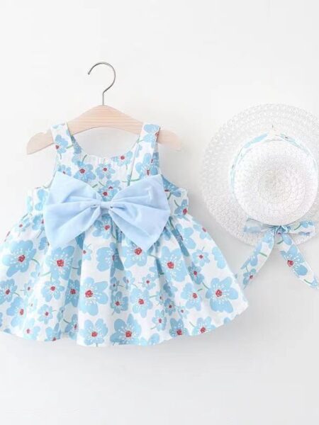 New girl floral dress sweet summer bow toddler beach dress for children aged 0 to 3 newborn clothing+hat set of 2 pieces