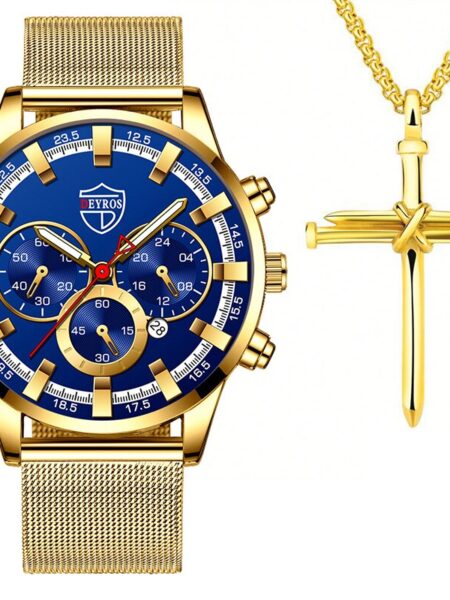 2PCS Set Fashion Mens Business Watches Luxury Male Casual Stainless Steel Mesh Belt Quartz Watch Men Necklace Wrist Watch