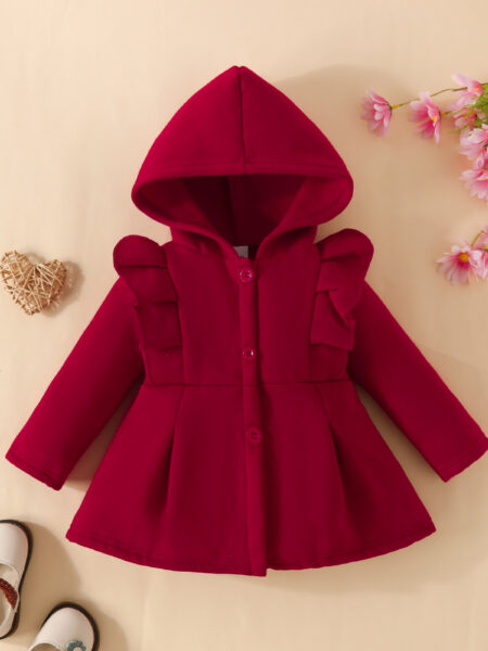 Baby Girl Ruffled Long Sleeve Fleece Hooded Single Breasted CoatKids Clothes Autumn And WinterRecommended To Buy One Size Larger