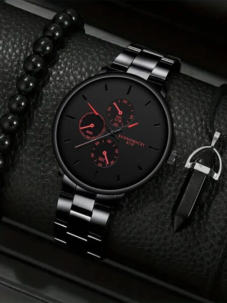 3Pcs Men's Casual Simple Business Three-eye Digital Pointer Steel Band Quartz Watch Fashion Luxury Necklace Bracelet Set