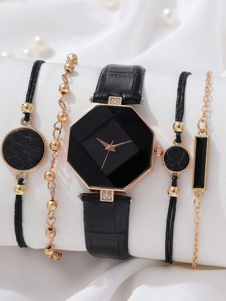 Set Watch For Women Luxury Leather Analog Ladies Quartz Wrist Watch Fashion Bracelet Watch Set Holiday Gifts Montre Femme 5PCS