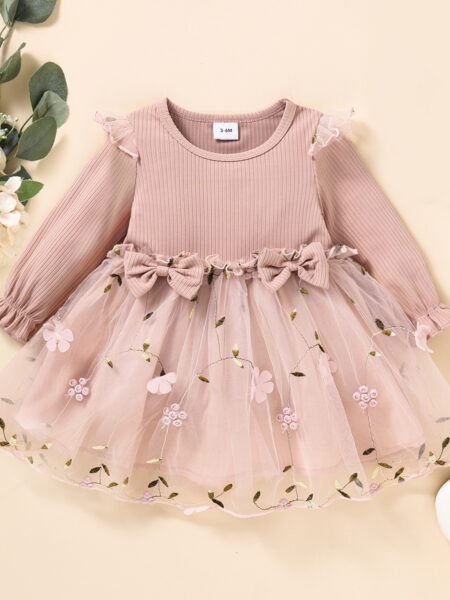 New single piece spring and autumn baby girl baby pink thin long sleeved princess flower mesh dress