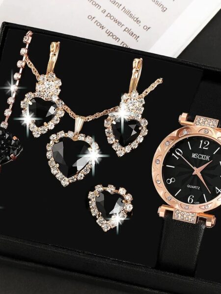 6pcs Women's Quartz Watch Black Leather Quartz Watch and Love Jewelry Set Necklace Ring Earrings Bracelet Set