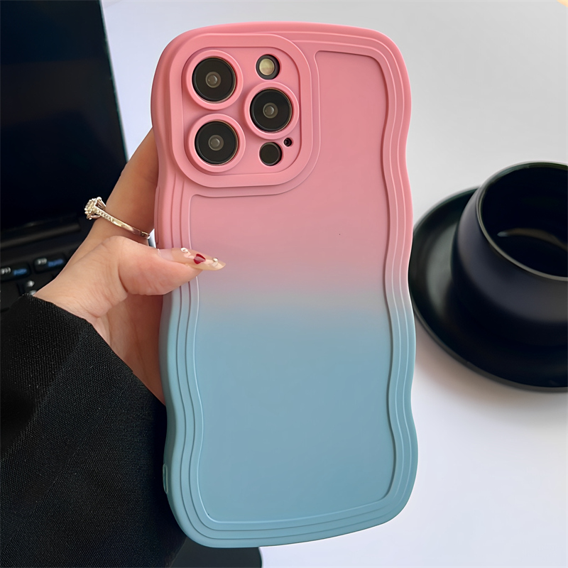 Luxury Gradient Wavy Edge Phone Case For iPhone 15 11 13 12 14 Pro Max X XS XR 7 8 Plus Shockproof Lens Protection Soft Cover