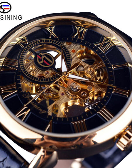 Forsining 3d Logo Design Hollow Engraving Black Golden Case Leather Skeleton Mechanical Watches Men Luxury Brand Heren Horloge