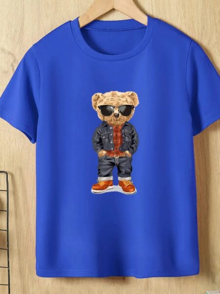 Single Boys and Teenagers Summer Casual with Cool with Sunglasses Teddy Bear Pattern Print Blue Crew-neck Thin Simple T-shirt
