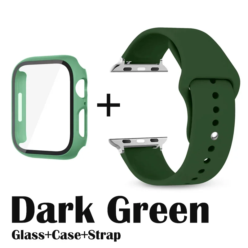 Strap+Glass+Case For Apple Watch 38mm 40mm 44mm 41mm 42mm 44mm 45mm 49mm Silicone Belt Bracelet iWatch Series Se 9 8 7 6 5 Band