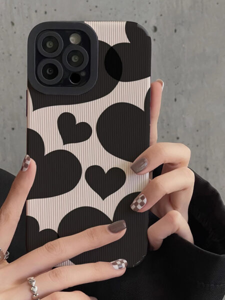 Fashion Black Love Heart Leather Silicone Case For iPhone 15 11 12 14 Pro Max 13 Mini SE 7 8 Plus X XS XR Shockproof Full Cover