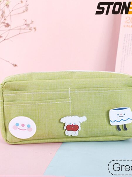 STONEGO Canvas Pencil Case Cute Animal Badge Pink Pencil Cases Large School Pencil Bags for Maiden Girl Stationery