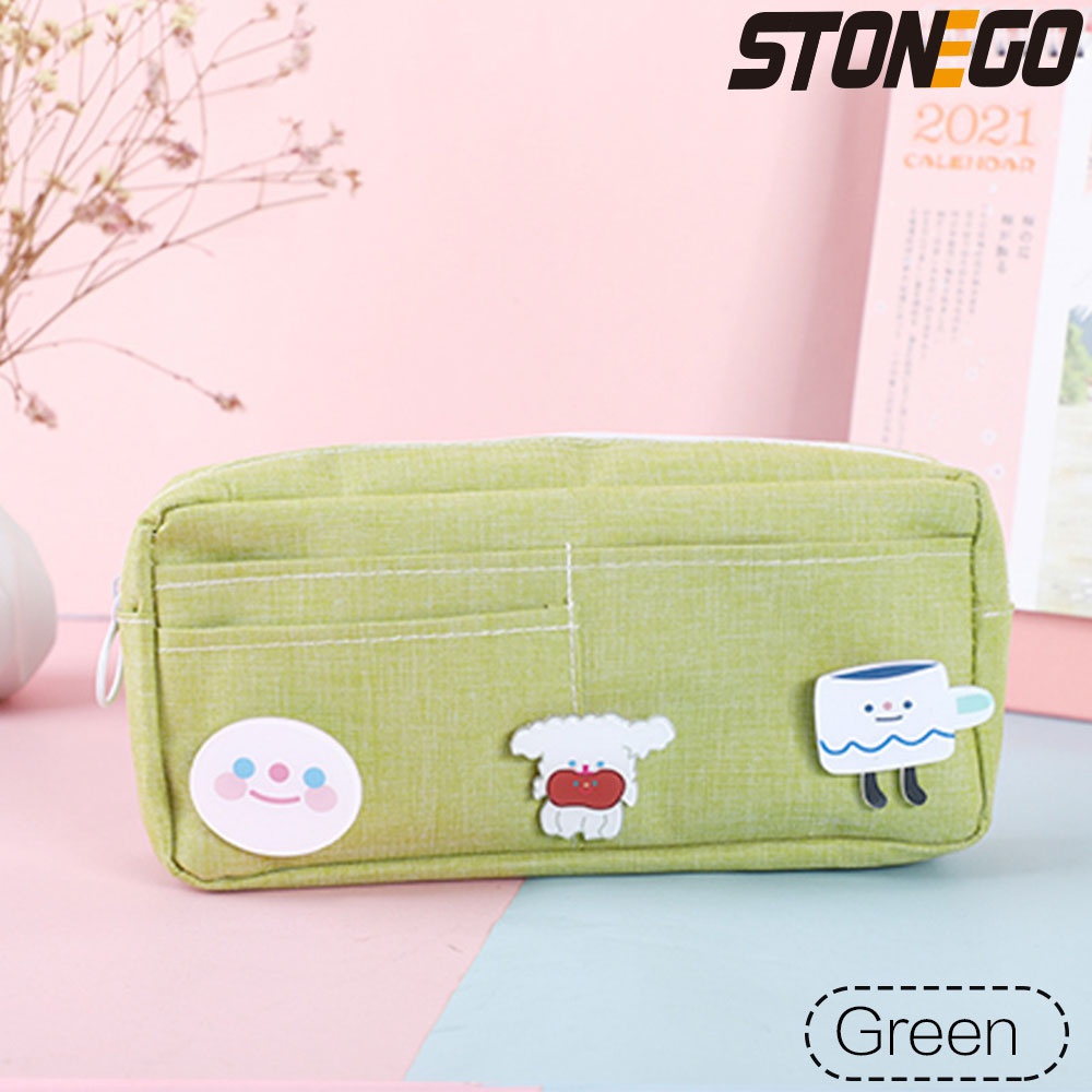 STONEGO Canvas Pencil Case Cute Animal Badge Pink Pencil Cases Large School Pencil Bags for Maiden Girl Stationery