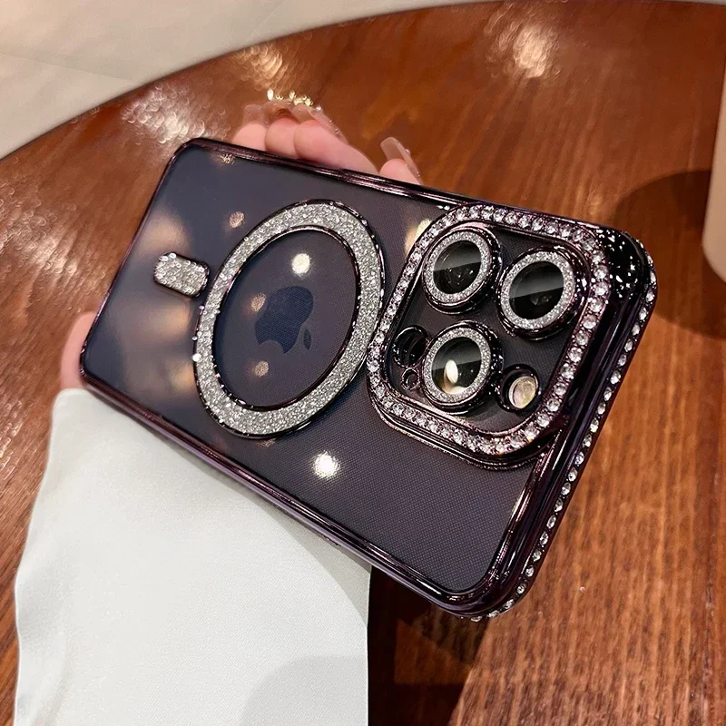 Fashion Glitter Diamond Clear Phone Case For iPhone 15 14 13 12 11 Pro Max 15 Plus Magnetic For Magsafe Wireless Charge Cover