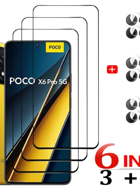6IN1 Tempered Glass Screen Protector for Xiaomi Poco X6 Pro 5G - Full Coverage Front Glass with Camera Film - PocoX6