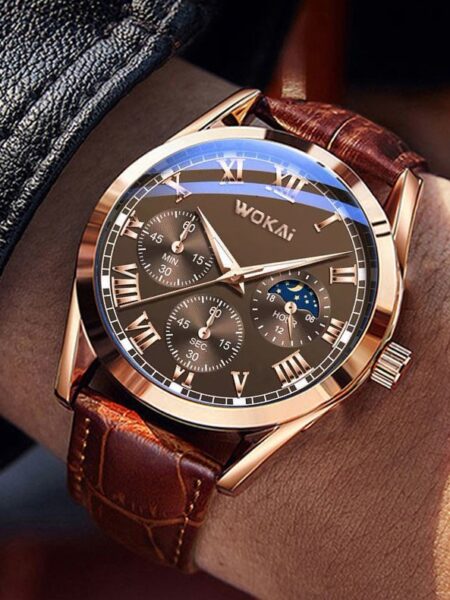 Fashion Business Three-Eye Roman Dial Bamboo Belt Quartz Watch