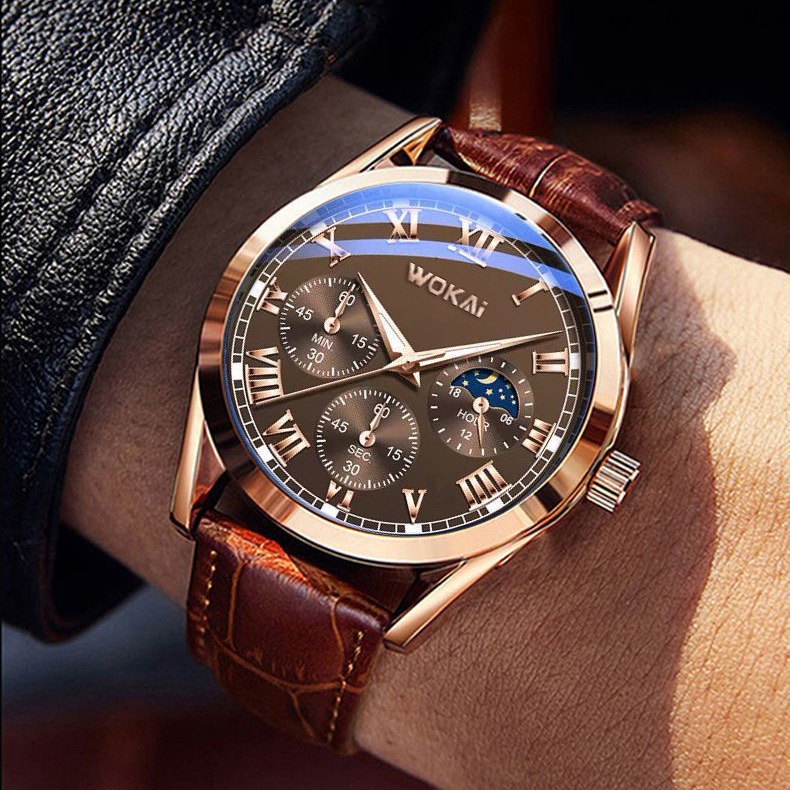 Fashion Business Three-Eye Roman Dial Bamboo Belt Quartz Watch