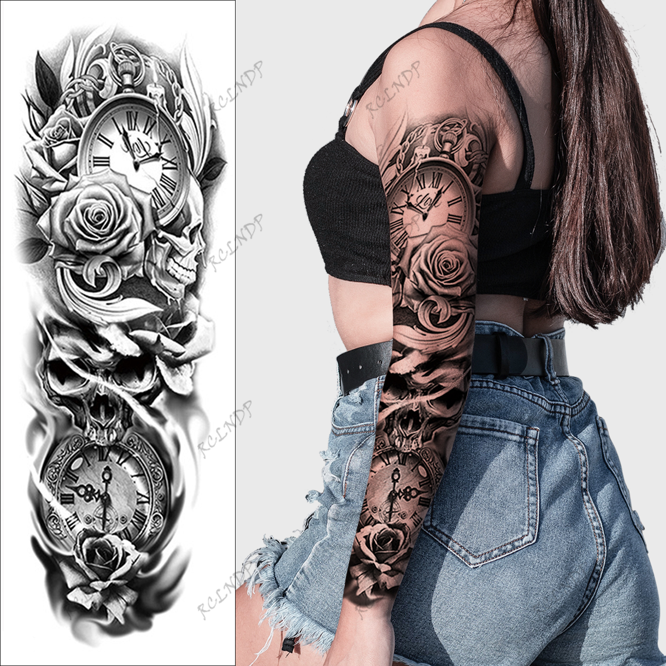 Waterproof Temporary Tattoo Sticker Rose Skull Head Clock Fake Tatto Flash Tatoo arm Tato for Girl Women