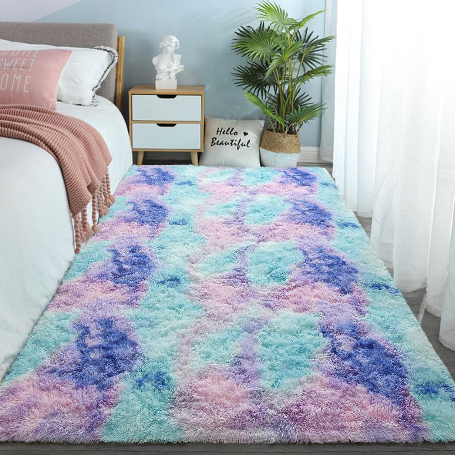 VIKAMA Tie-Dye Plush Carpet Large Area Living Room Floor Mat Home Decor Kawaii Soft Non-Slip Bed Blanket For Children's Bedroom