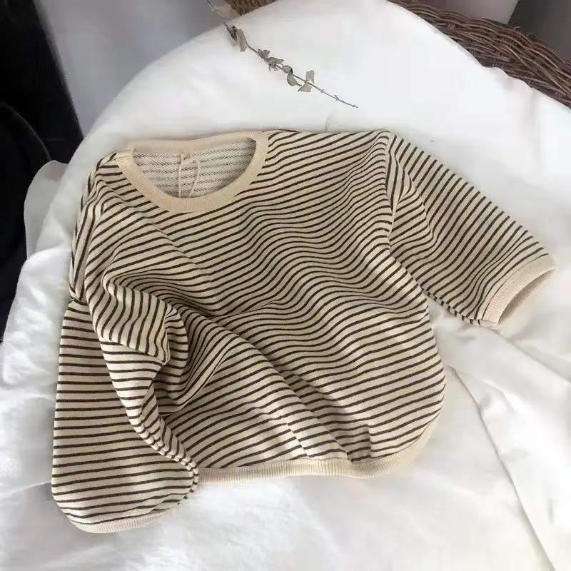 Boys Sweaters Tees Spring Long Sleeve Korean Loose Striped Tops Children's T-shirts All-match Bottoming Girl Shirts