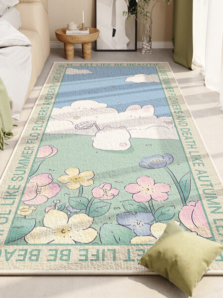 VIKAMA Crystal Pile Carpet Small Fresh Flowers Living Room Washable Non-Slip Dirty Resistant Mats Bedroom Bedside Rugs