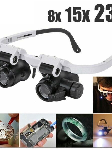 2XLED Watch Jeweler Repair Magnifier Head-Mounted Headband Adjustable Magnifying Head Eye Glasses Loupe Lens 8X 15X 23X