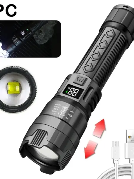 High Strong Power Led Flashlights 2000LM Tactical Torch with Display Light?áUSB Charging Camping Fishing Emergency Zoom Lantern