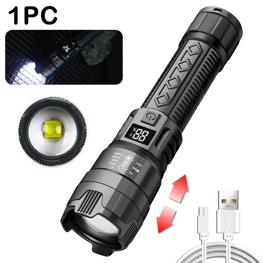 High Strong Power Led Flashlights 2000LM Tactical Torch with Display Light?áUSB Charging Camping Fishing Emergency Zoom Lantern