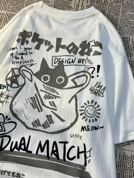 Women Cartoon T-Shirts 2024 Summer Harajuku Kawaii Cat Printed Short Sleeve Tees Female Couple Streetwear Loose Clothes Y2K Tops