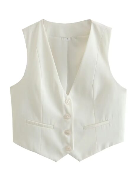 TRAFZA Women Fashion Short Waistcoat Vintage V Neck Single Breasted Vest Tops Spring Female Casual Streetwear Chic Tops