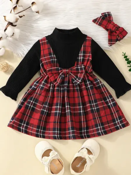PatPat 2pcs Baby Girl Rib Knit Mock Neck Long-sleeve Spliced Plaid Bow Front Dress with Headband Set Soft and Comfortable